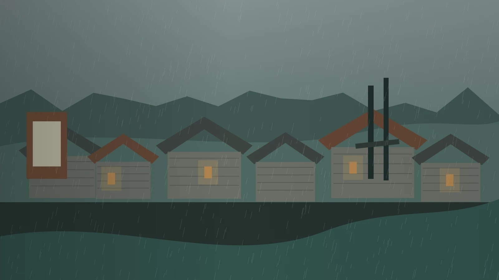 连雨中的临河县屋瓦、河面与北堤